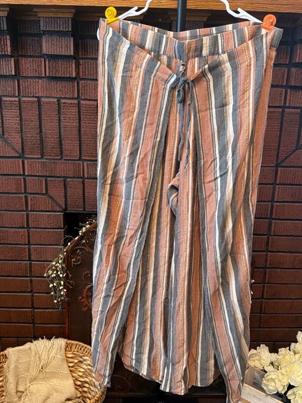 Susan Graver Striped Linen-Blend Drawstring Pants in Rust, Blue & Cream